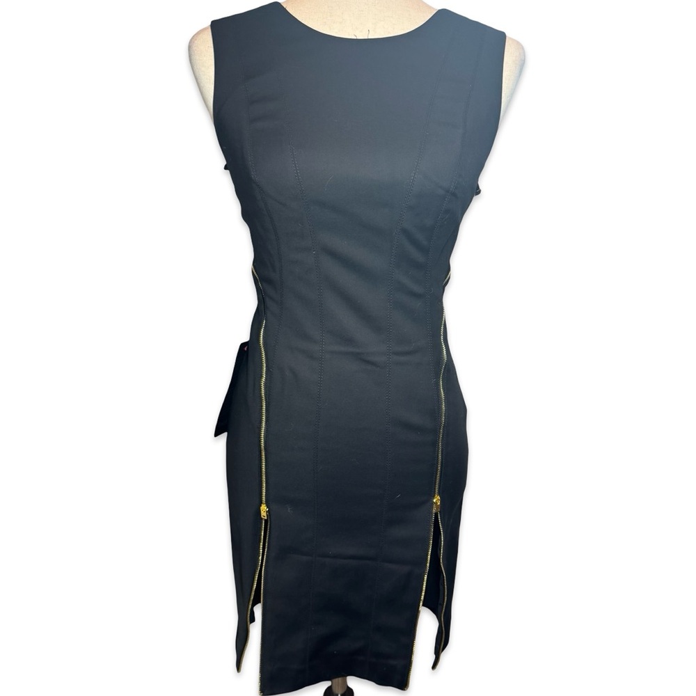 Bebe NEW Vintage Black Midi Sheath Dress Gold Zippers Bondage Women’s SZ 2
